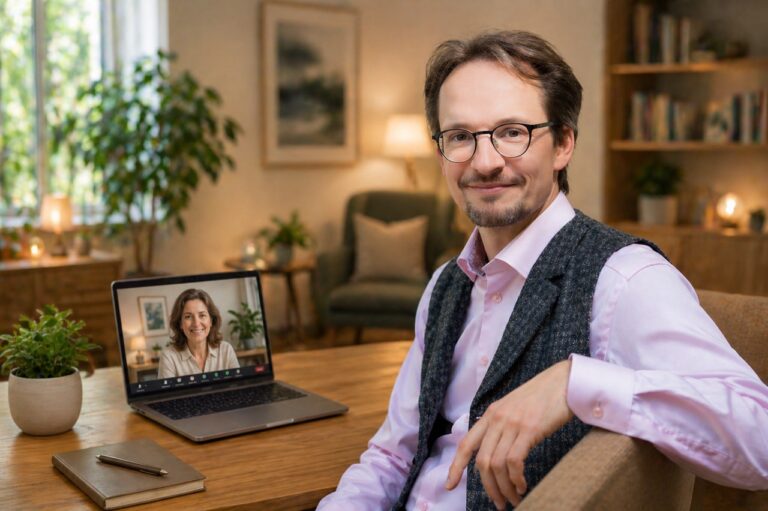 Dr. Holger Bringmann am Laptop für ein Gespräch