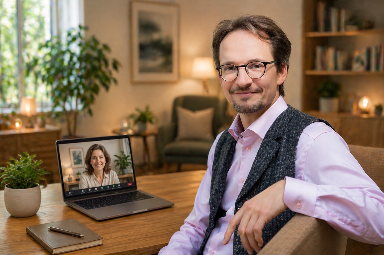 Dr. Holger Bringmann am Laptop für ein Gespräch